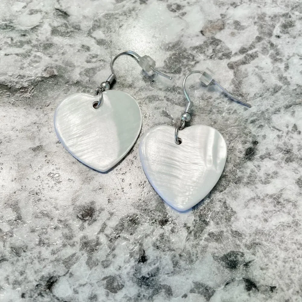 Faux Pearl White Heart Dangle Earrings | Mother of Pearl Style Lightweight